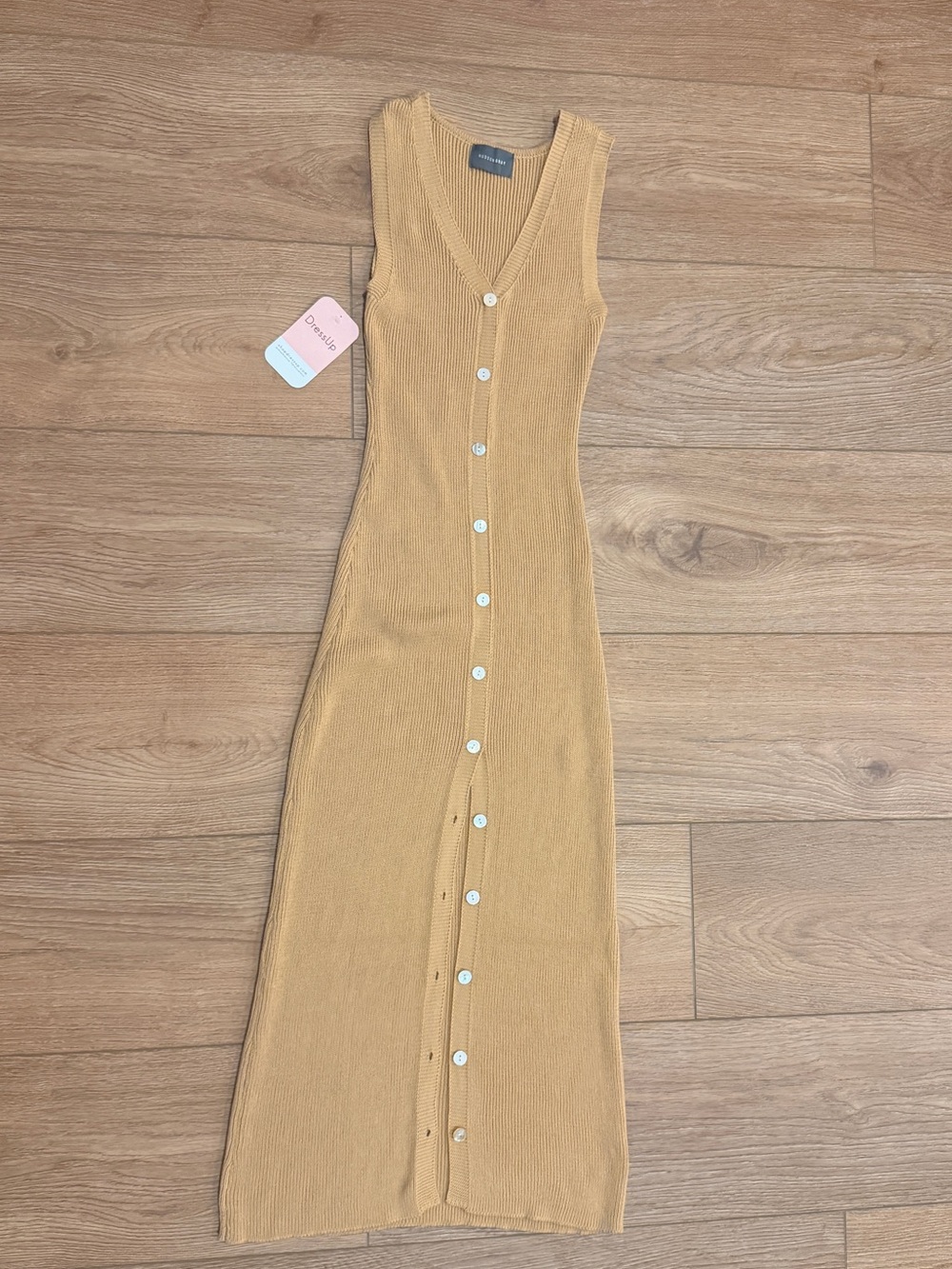 Sleeveless Button-Front Knit Dress in Tan